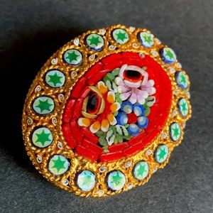 VTG Pin Micro Mosaic Italian Brooch Oval Glass Floral Red Green Gold